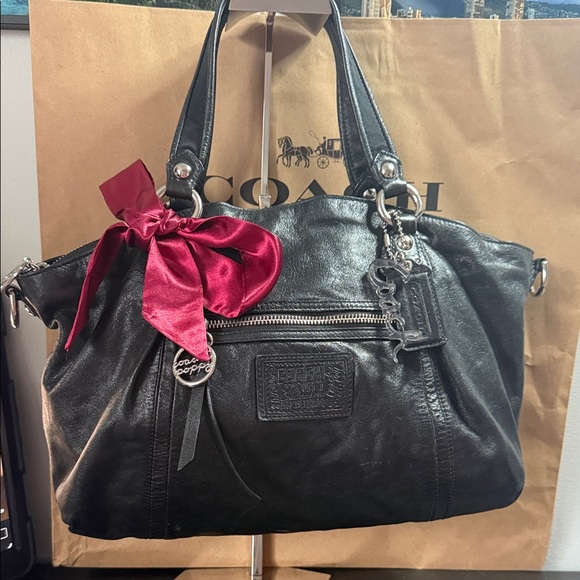 Coach Handbags - Coach Poppy Legacy Satchel Black Metallic Leather Bag